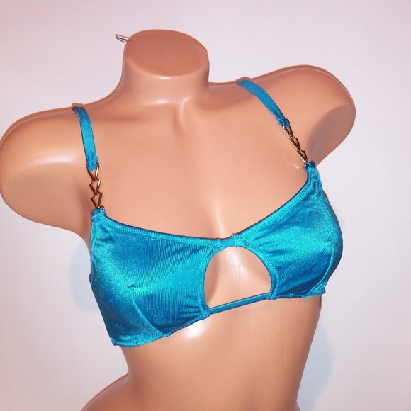 Victoria Secret Swim Bikini Top l Blue Solid Shimmer Cutout Gold Chain New - Picture 1 of 8